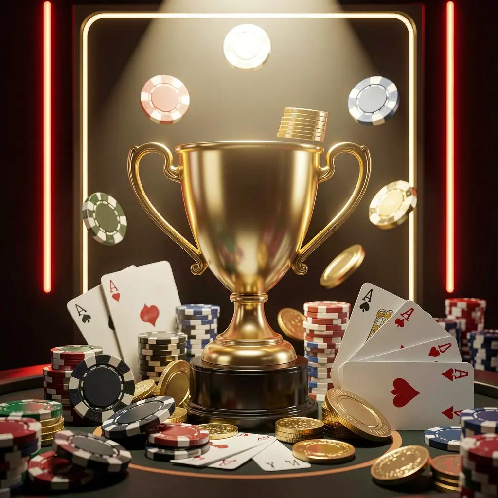Trofi emas yang dikelilingi chip poker, kartu remi, dan koin dalam suasana kasino mewah yang kompetitif dengan aksen neon merah dan emas, mewakili bonus turnamen kasino ONE777