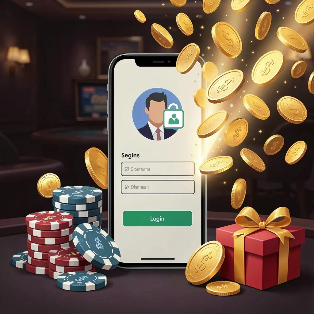 Ilustrasi masuk pengguna kasino ONE777 yang menampilkan ponsel dengan ikon akses aman, koin emas yang meledak dari layar, chip poker dan kotak hadiah di dekatnya pada latar belakang premium gelap