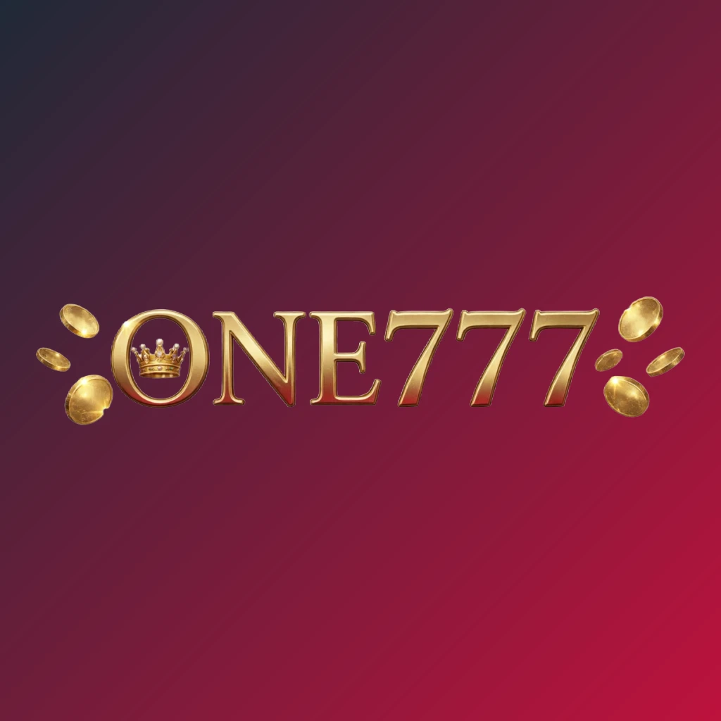Logo gaya kasino ONE777 dengan huruf emas, elemen mahkota, koin berkilau, suasana permainan mewah, latar belakang transparan, logo wordmark horizontal persegi panjang untuk header situs web