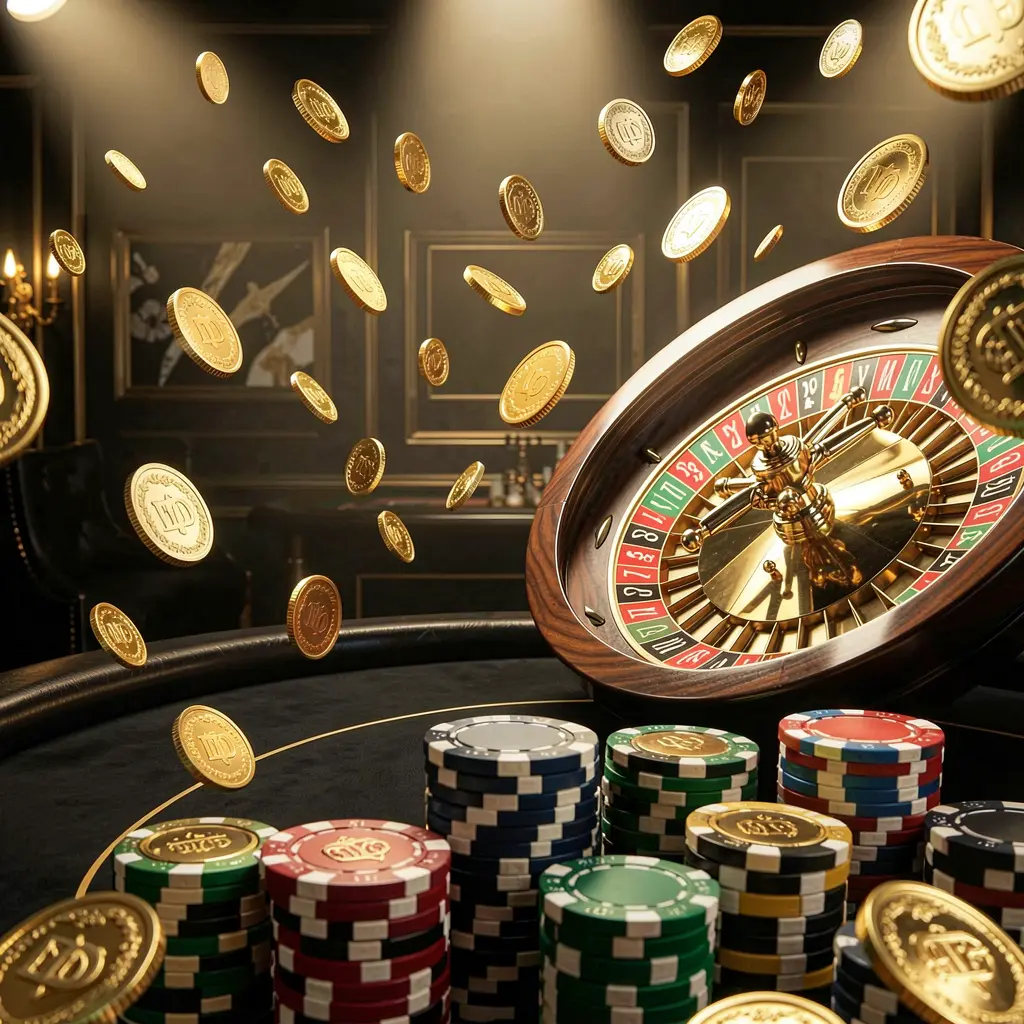 Latar belakang halaman utama kasino online ONE777 yang menampilkan lampu kasino dramatis, koin emas beterbangan, chip poker bertumpuk di latar depan, dan roda rolet di belakang dalam suasana mewah hitam dan emas